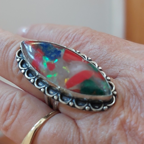 Sterling Silver 925 Large Marquise Stone Opalesque Colorful Sz 7 Red Blue Green - Picture 3 of 7